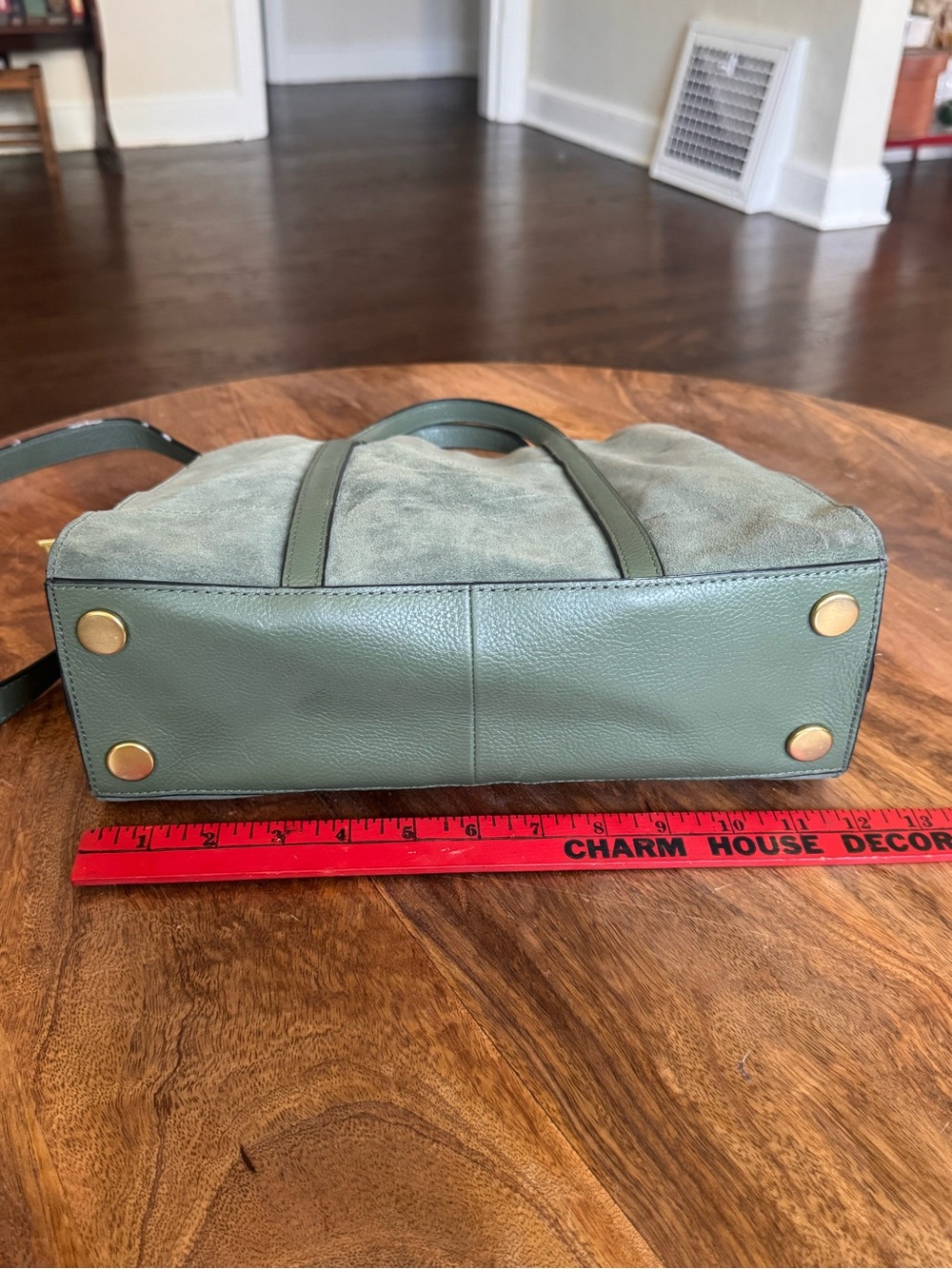 Fossil Carmen Shopper Green Suede Pink Leather Stripes Crossbody Top Handle Tote - Picture 8 of 14